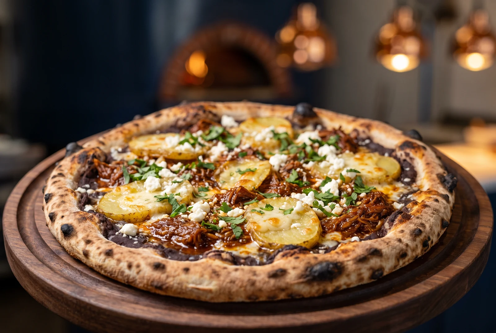 Pizza del mes Chilovesyou — chilorio con papa gratinada sobre una base de frijol refrito, con cilantro y queso fresco
