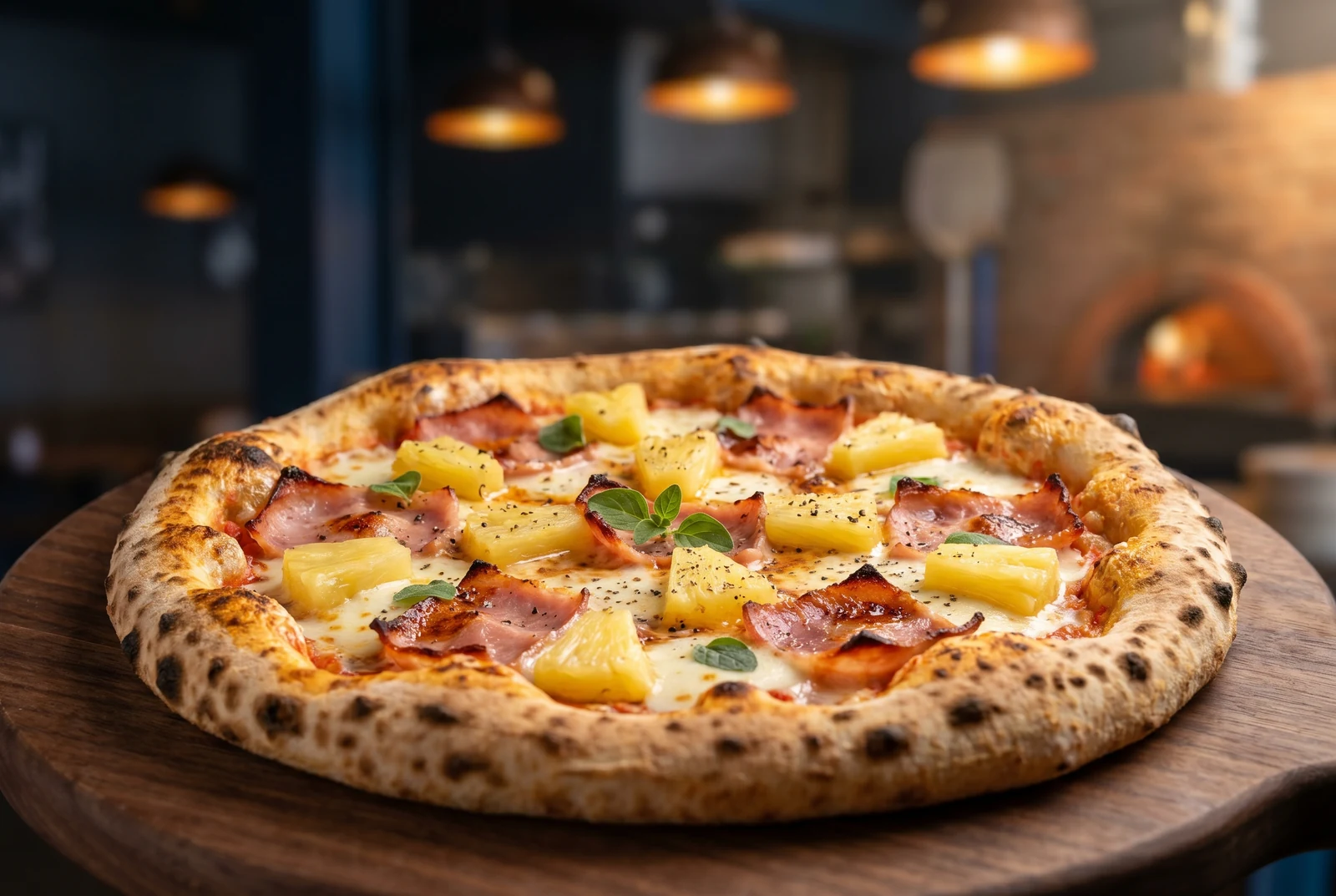 Pizza Hawaiana con mozzarella, jamón y piña asada al horno