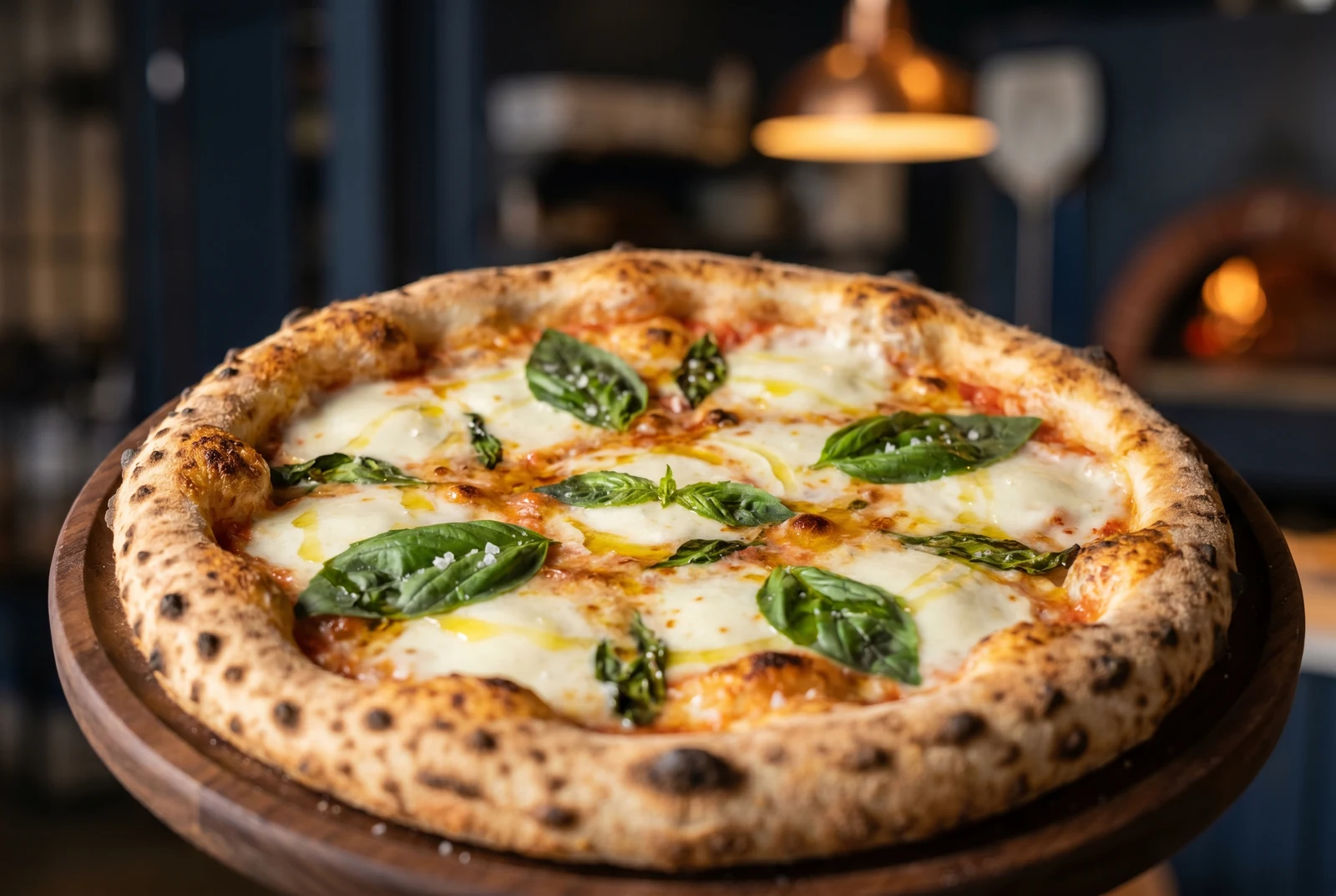 Pizza Margarita con tomate San Marzano, mozzarella fior di latte y albahaca fresca